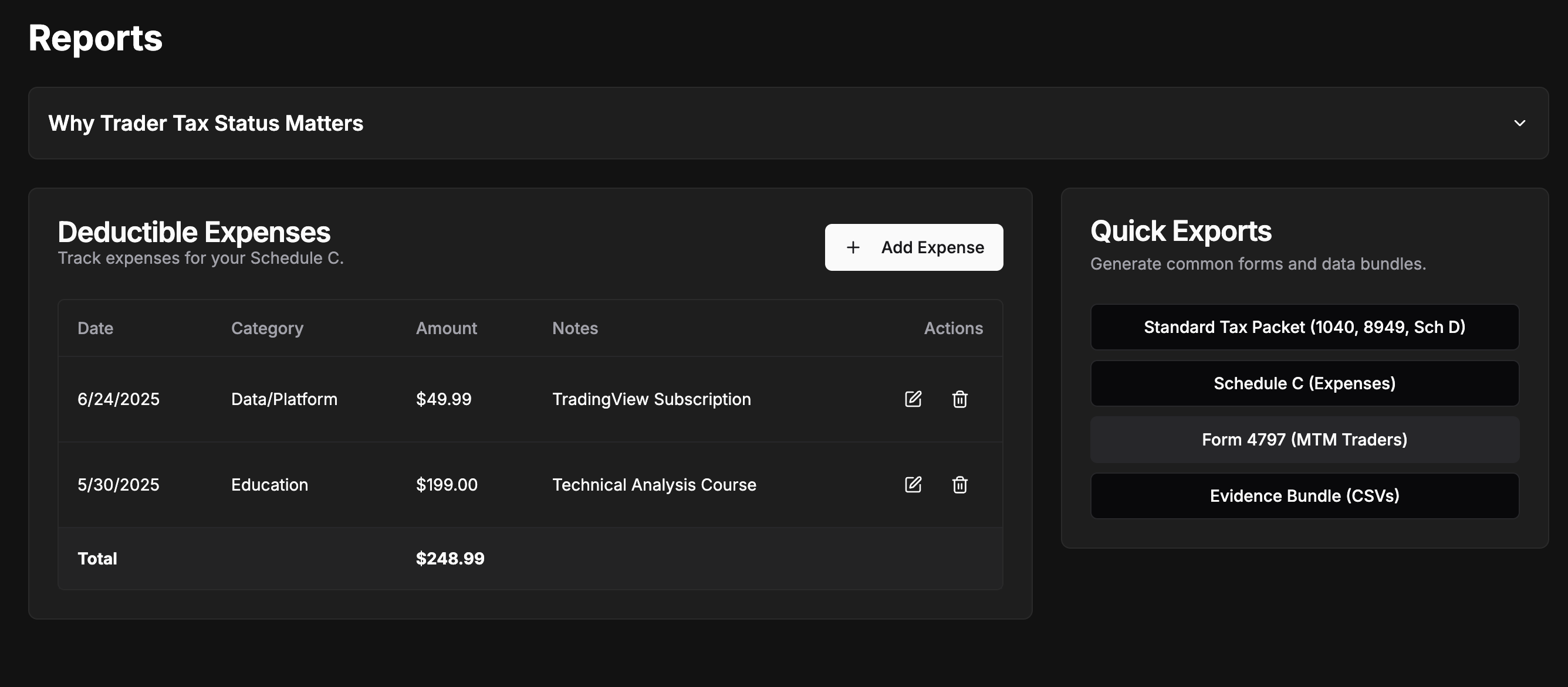 Collage of Trader Tally dashboard screenshots
